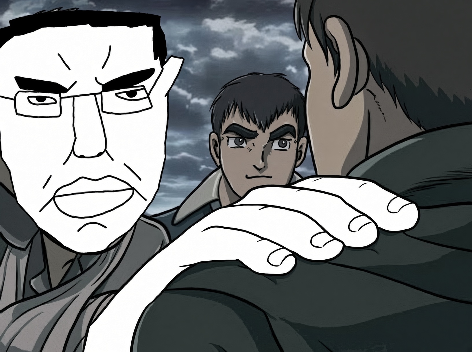 Chud placing a hand on another anime character's shoulder during a storm