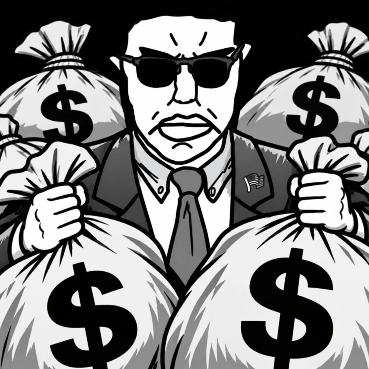 Chud clutching four money bags
